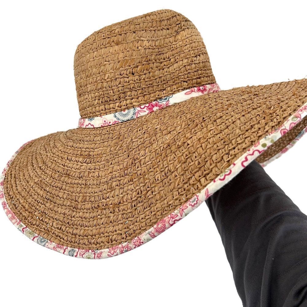 Saks Fifth Avenue Straw Hat Floral Trim Wide Brim Sun Beach Coastal Resort - Picture 1 of 5